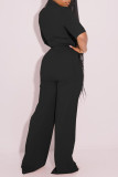 ブラックファッションカジュアルソリッドベーシックジッパーカラー半袖ツーピース