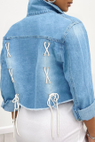 Djupblå Casual Solid Draw String Turndown-krage Långärmad vanlig jeansjacka