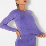 Фиолетовый Повседневная спортивная одежда Полосатый базовый топ с длинным рукавом Одежда для йоги