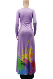Light Purple Casual Print Patchwork V Neck Long Sleeve Dresses
