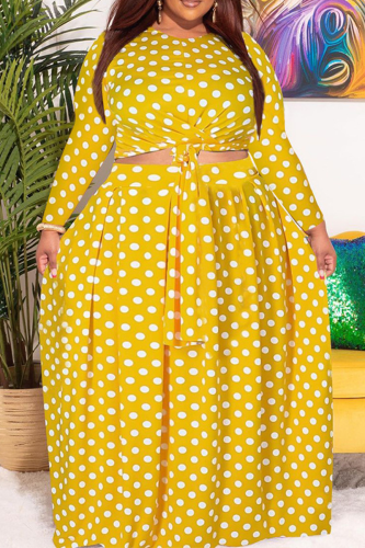 Yellow Casual Dot Patchwork O Neck Cake Skirt Plus Size Two Pieces