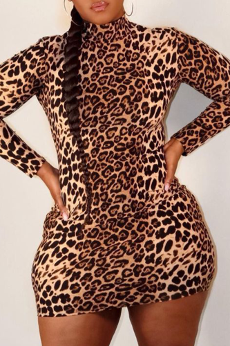 Leopard Print Sexy Leopard Patchwork Half A Turtleneck Pencil Skirt Plus Size Dresses