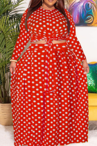Red Casual Dot Patchwork O Neck Cake Skirt Plus Size Two Pieces
