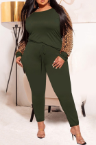 Army Green Casual Leopard Patchwork O Neck Plus Size Two Pieces