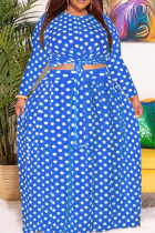 Blue Casual Dot Patchwork O Neck Cake Skirt Plus Size Two Pieces