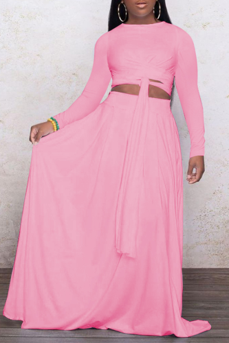 Pink Casual Solid Patchwork O Neck Long Sleeve Two Pieces