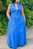 Светло-голубой Повседневный однотонный Лоскутный карман с отложным воротником А-силуэта Платья больших размеров