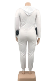 ホワイト カジュアル ソリッド パッチワーク フード付き襟 プラス サイズ ジャンプスーツ