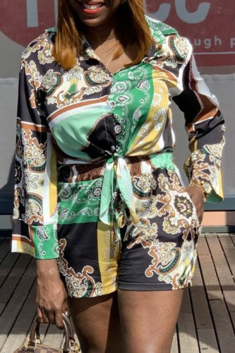 Black Casual Print Patchwork Turndown Collar Long Sleeve Two Pieces