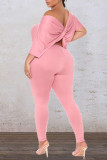 Pink Casual Solid Patchwork Backless Knotted Asymmetrical O Neck Plus Size Two Pieces