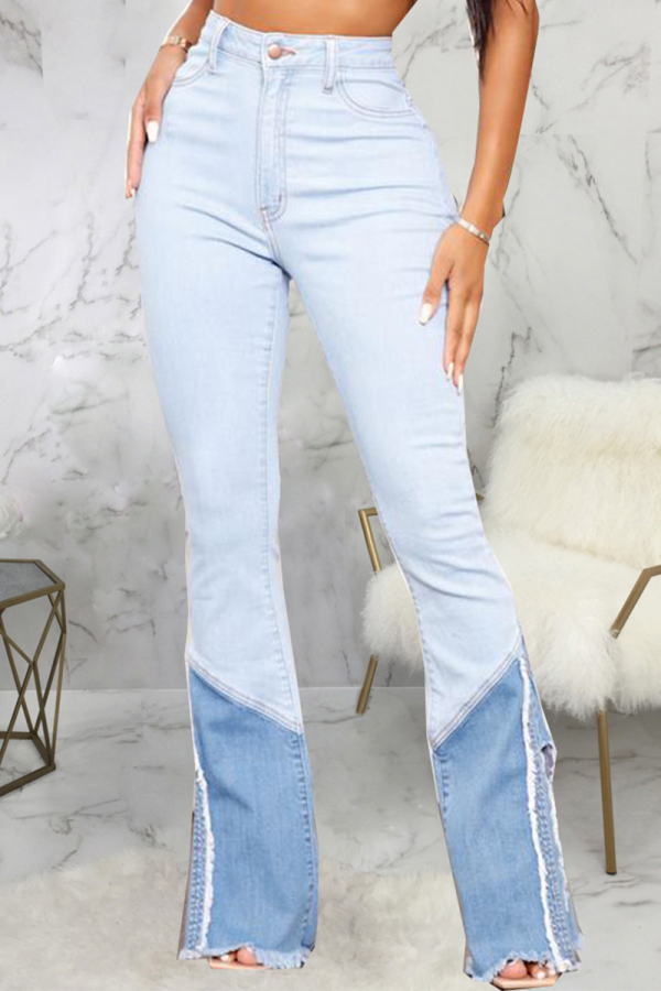 Babyblaue, lässige, solide Patchwork-Jeans mit mittlerer Taille und Boot-Cut-Denim
