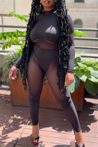 Zwarte mode sexy patchwork doorschijnende skinny jumpsuits met O-hals