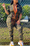 Camouflage Lässiger Camouflage-Druck Patchwork Kordelzug Tasche Reißverschluss Turndown-Kragen Regelmäßige Overalls