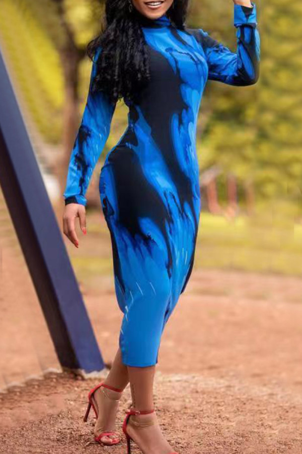 Vestidos de manga comprida com estampa casual casual azul