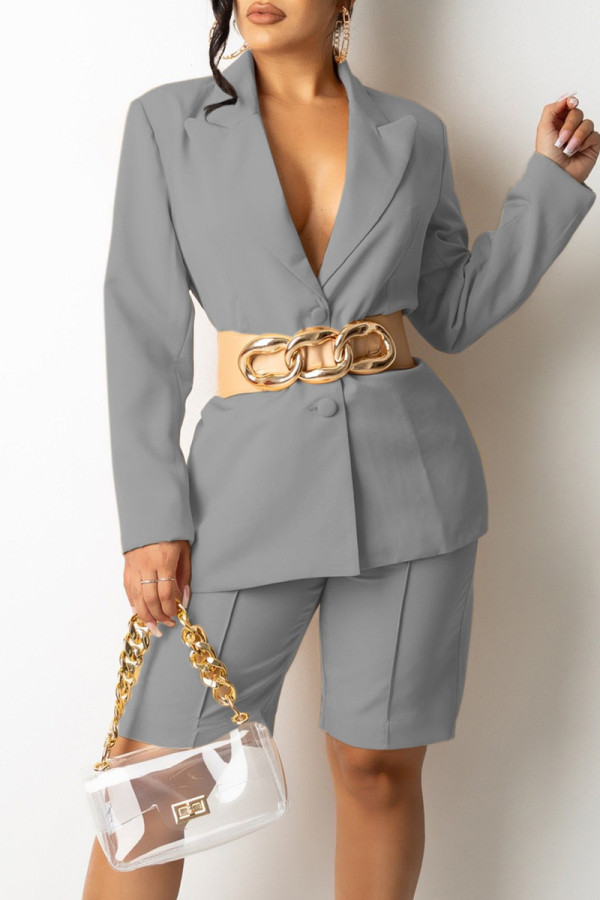 Solido moda casual grigio senza cintura Colletto rovesciato manica lunga due pezzi