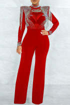 Red Fashion Sexy Patchwork Tie Dye Doorzichtige Half Een Coltrui Regular Jumpsuits