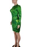 グリーン セクシー プリント パッチワーク ジッパー カラー ペンシル スカート ドレス
