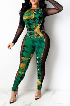 Grön Sexig Print Mesh O Neck Skinny Jumpsuits