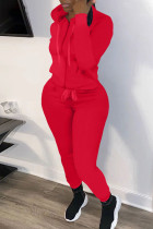 Red Casual Solid Patchwork Zipper Hooded Collar Long Sleeve Two Pieces