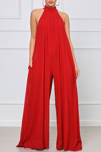 Red Elegant Solid Patchwork Halter Straight Jumpsuits