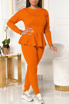 Tangerine Casual Solid Bandage Patchwork Flounce O Neck Long Sleeve Two Pieces
