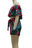 Multicolor Sexy Print Patchwork Off the Shoulder Short Sleeve Two Pieces
