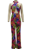 Multicolor Sexy Print Patchwork Halter Boot Cut Jumpsuits