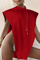 Röd Sexig Solid Patchwork Asymmetrisk Hooded Collar Tops