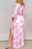 Rose roze sexy print asymmetrische V-hals A-lijn jurken