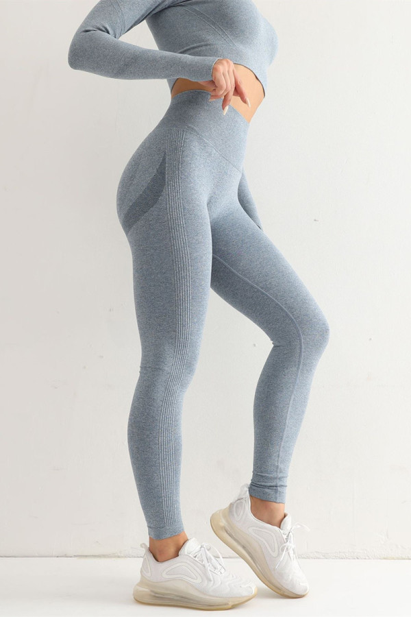 Calças de ioga casual casual azul sólida cintura alta sólida