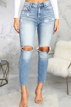 Blaue sexy Patchwork-Patchwork-Jeans mit mittlerer Taille und Röhrenjeans