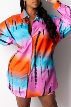 Mehrfarbiges, sexy bedrucktes Patchwork-Hemdkleid mit Turndown-Kragen