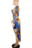Ljusblå sexigt tryck patchwork asymmetriska långärmade klänningar