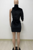 Black Sexy Solid Hollowed Out Patchwork Asymmetrical Turtleneck Pencil Skirt Dresses