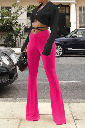 Black Sexy Solid Backless Turndown Collar Long Sleeve Two Pieces