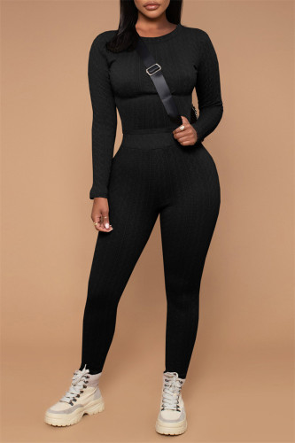 Black Fashion Casual Solid Basic O Neck Long Sleeve Two Pieces