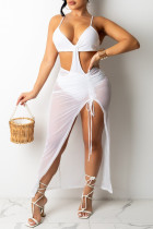 Белое сексуальное однотонное прозрачное платье без рукавов на тонких бретелях с открытой спиной из двух частей