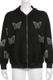 White Casual Butterfly Print Patchwork Hooded Collar Outerwear