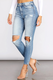 Blauwe sexy patchwork skinny denim jeans met middentaille