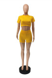 Yellow Casual Sportswear Solid Patchwork O Neck Short Sleeve Two Pieces