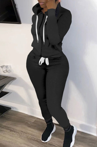 Black Casual Solid Patchwork Zipper Hooded Collar Long Sleeve Two Pieces