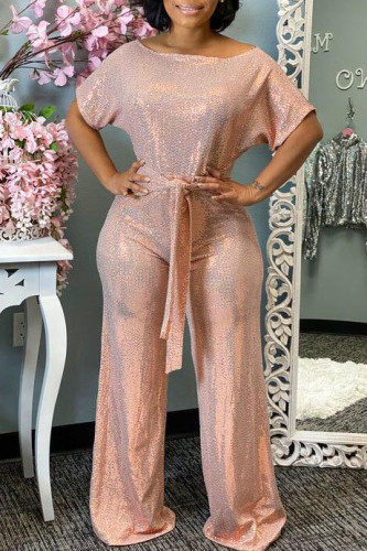 Pink Fashion Street Solid jumpsuits met korte mouwen en één schouderkraag