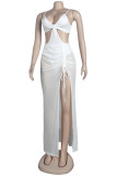 Белое сексуальное однотонное прозрачное платье без рукавов на тонких бретелях с открытой спиной из двух частей