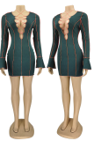 Green Sexy Solid Hollowed Out V Neck Pencil Skirt Dresses