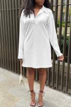 White Casual Solid Patchwork Turndown Collar Long Sleeve Dresses