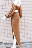 Brown Sexy Solid Hollowed Out Patchwork Asymmetrical Strapless Long Sleeve Two Pieces