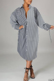 Grey Casual Striped Print Patchwork Buckle Turndown Collar Shirt Dress Dresses