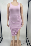 Pink Casual Solid Patchwork High Opening Fold Asymmetrical U Neck Pencil Skirt Plus Size Dresses