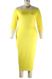 Желтые повседневные однотонные лоскутные платья с открытыми плечами и длинными рукавами больших размеров