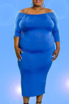 ブルー カジュアル ソリッド パッチワーク オフショルダー 長袖 プラス サイズ ドレス